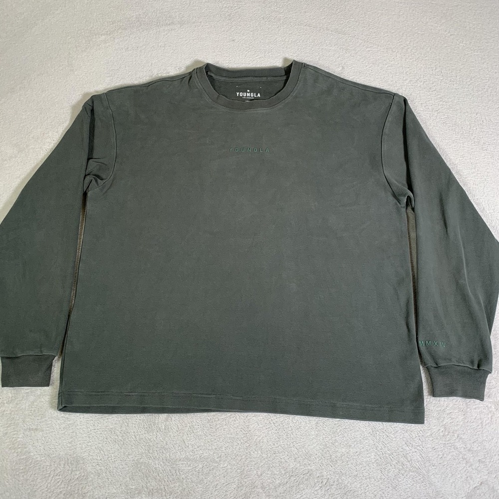 YoungLA Shirt Mens Large Green Long Sleeve Logo Crewneck Tagless Basic‎ Gym Tee